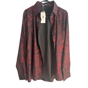 ZEROYAA Mens Metallic Red Paisley Dress Shirt Black Shiny Party Prom Medium NWT